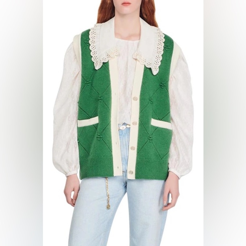 Sandro Removable Lace Collar Sleeveless Cardigan